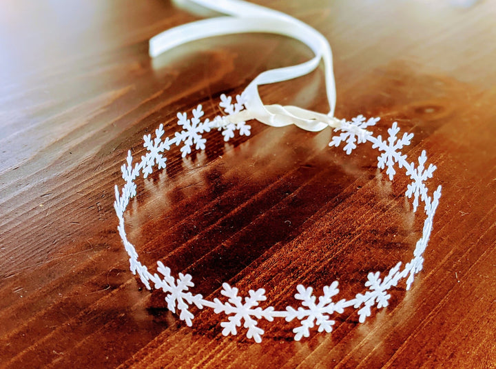 White Snowflake Headband Birthday Crown with Satin Ribbon, Newborn - Toddler Headband,1st Birthday, Elsa Crown, Frozen Headband, Cake Smash - Plum Sugar Shoppe