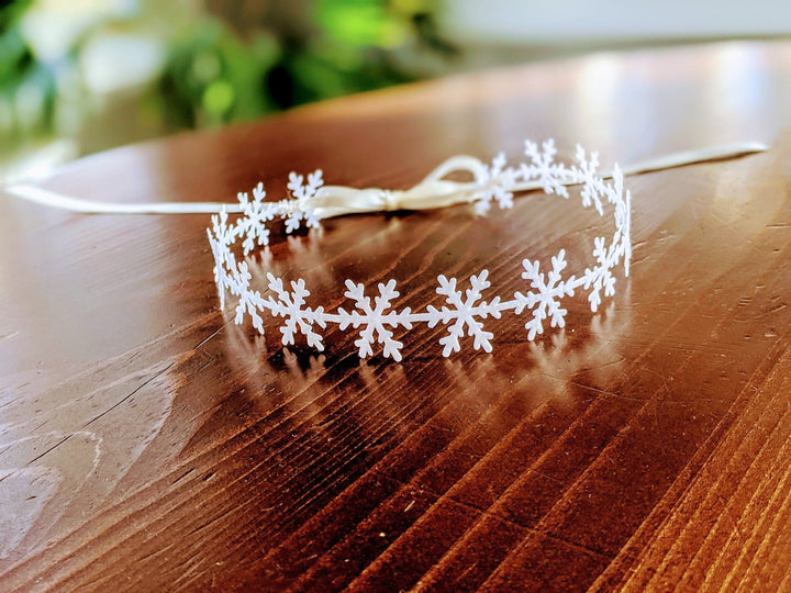 White Snowflake Headband Birthday Crown with Satin Ribbon, Newborn - Toddler Headband,1st Birthday, Elsa Crown, Frozen Headband, Cake Smash - Plum Sugar Shoppe