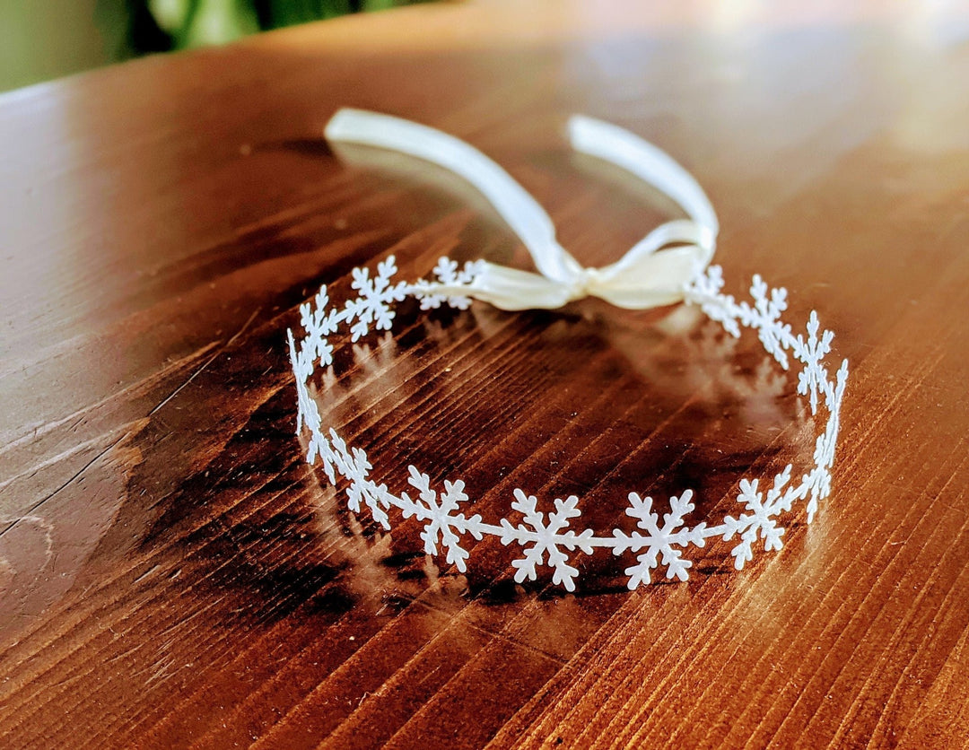 White Snowflake Headband Birthday Crown with Satin Ribbon, Newborn - Toddler Headband,1st Birthday, Elsa Crown, Frozen Headband, Cake Smash - Plum Sugar Shoppe