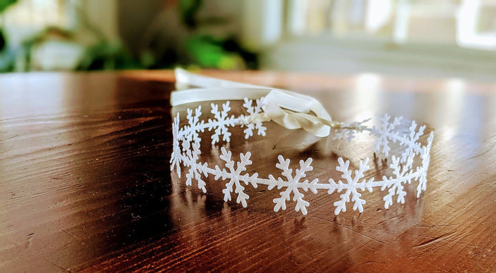 White Snowflake Headband Birthday Crown with Satin Ribbon, Newborn - Toddler Headband,1st Birthday, Elsa Crown, Frozen Headband, Cake Smash - Plum Sugar Shoppe