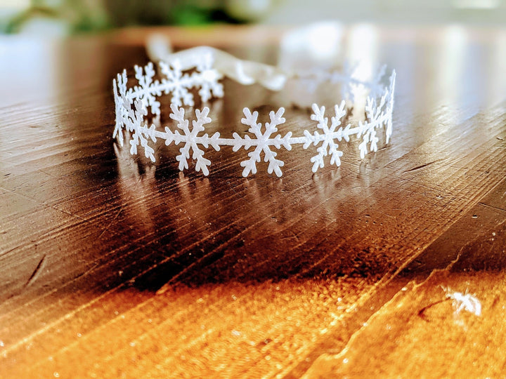 White Snowflake Headband Birthday Crown with Satin Ribbon, Newborn - Toddler Headband,1st Birthday, Elsa Crown, Frozen Headband, Cake Smash - Plum Sugar Shoppe