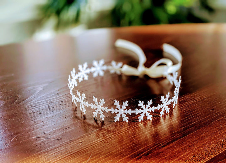 White Snowflake Headband Birthday Crown with Satin Ribbon, Newborn - Toddler Headband,1st Birthday, Elsa Crown, Frozen Headband, Cake Smash - Plum Sugar Shoppe