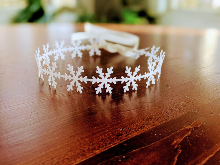White Snowflake Headband Birthday Crown with Satin Ribbon, Newborn - Toddler Headband,1st Birthday, Elsa Crown, Frozen Headband, Cake Smash - Plum Sugar Shoppe
