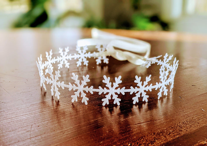 White Snowflake Headband Birthday Crown with Satin Ribbon, Newborn - Toddler Headband,1st Birthday, Elsa Crown, Frozen Headband, Cake Smash - Plum Sugar Shoppe