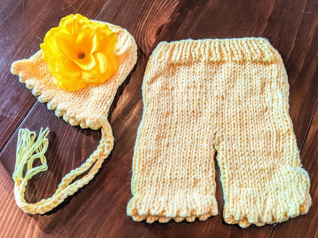 Yellow Knit Newborn Set, Yellow Bonnet with Flower and Knit Pants, Newborn Photo Prop, Photography Prop, Knit Newborn Romper, Newborn Outfit - Plum Sugar Shoppe